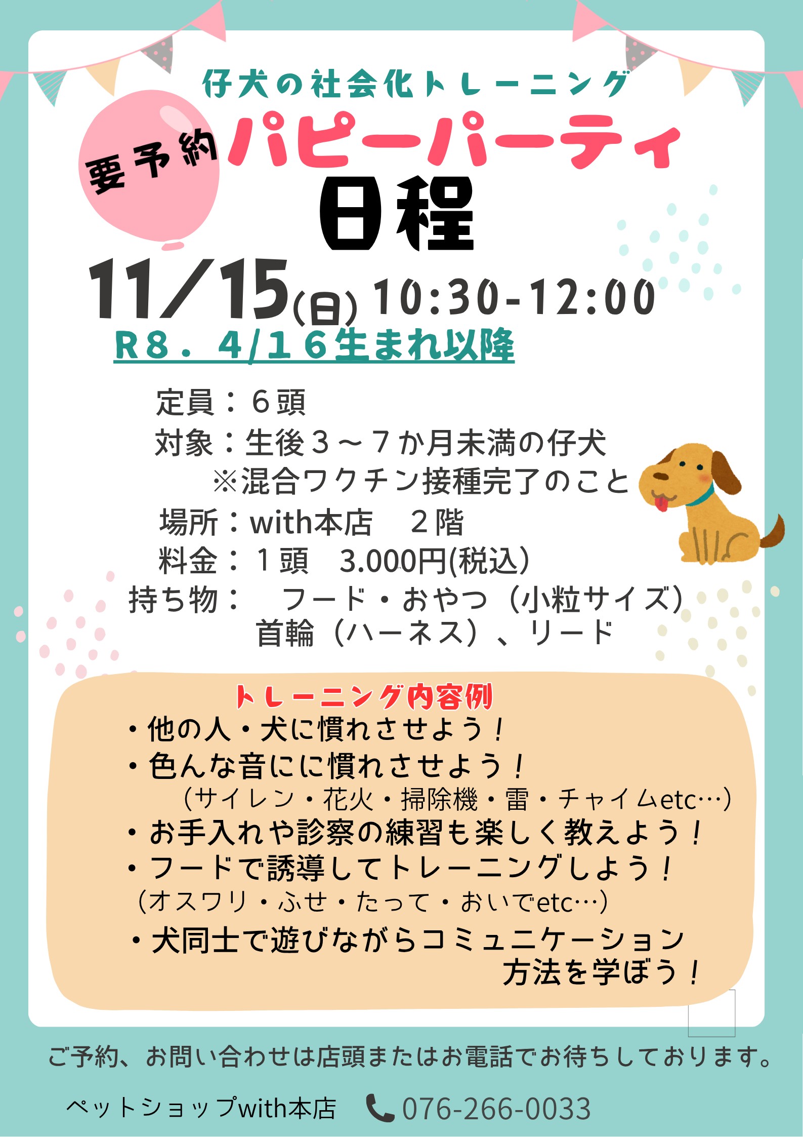 １１月のパピーパーティのお知らせです(*^^*)